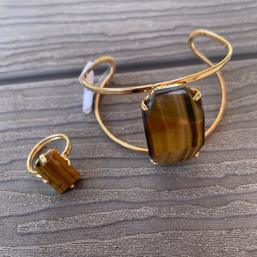 Tiger’s Eye Statement Set – Gold Adjustable Cuff … - image 2